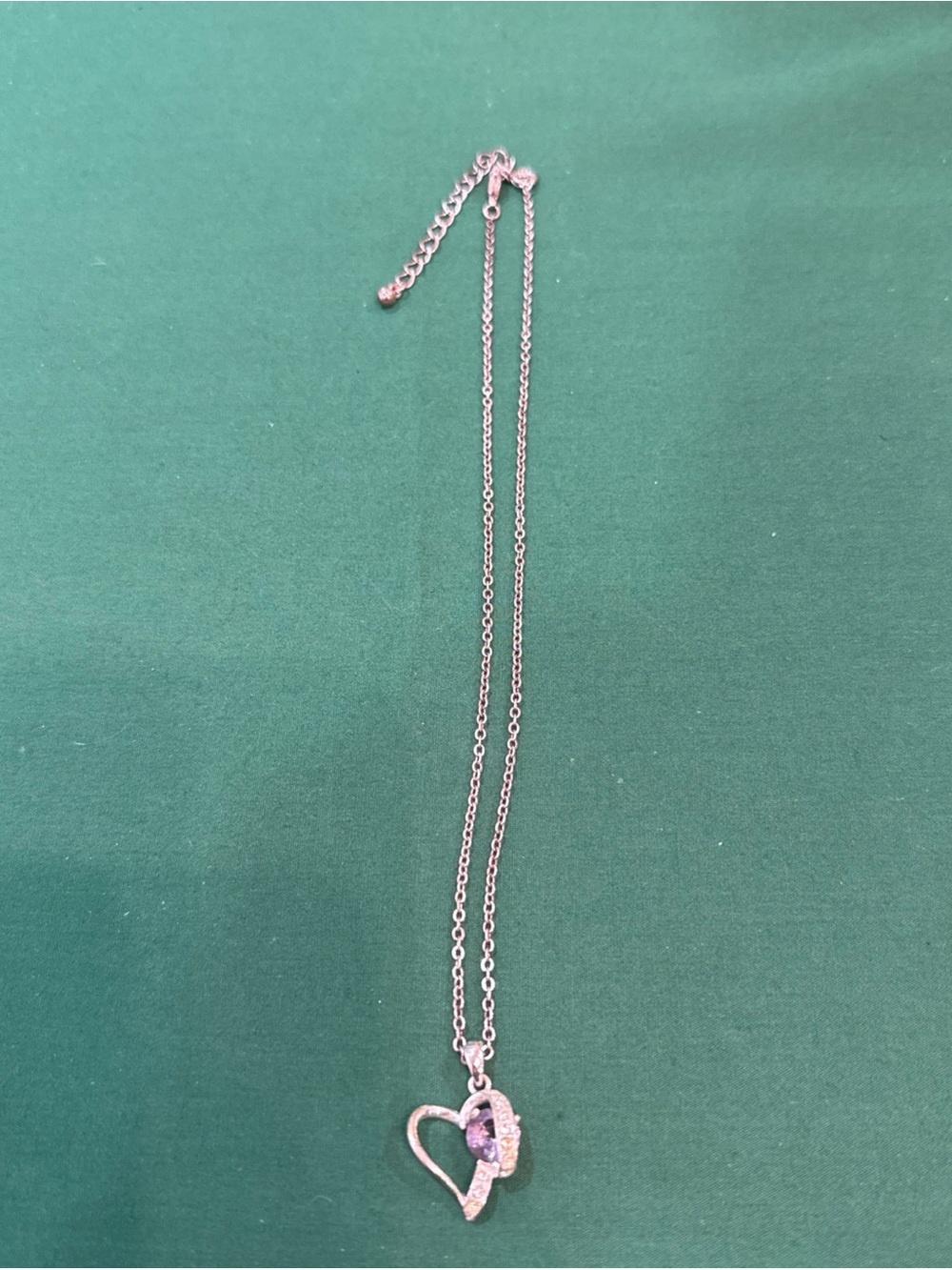 SilverTone Necklace W/ Asymmetrical Heart PendantPurple Amethyst Hued Stone 44D